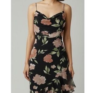 No Comment‎ Y2K Floral Cowl Ruffle Sheer Asymmetrical Midi Dress Fairy Medium